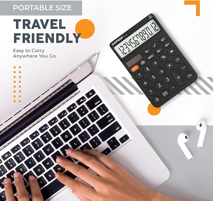 CATIGA 12 Digit Desktop Calculator with Large LCD Display, 4 Funtions Calculator, Round Design Big Button, Solar and Battery Dual Power, Standard Function for Office, Home, School, SD-1292