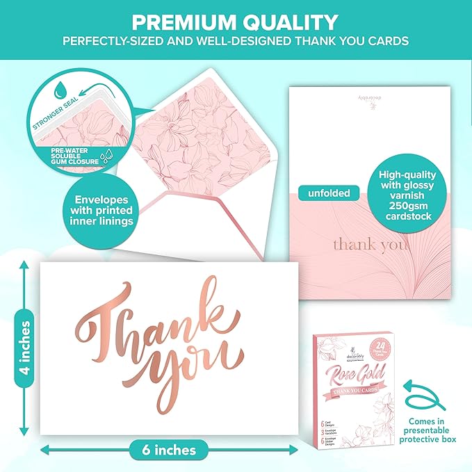 Decorably 24 Pack Gold-Foiled 6x4in Rose Gold Thank You Cards with Envelopes and Stickers, 6 Elegant Designs Pink Thank You Cards, Blank Inside - Bridal Shower, Baby Shower