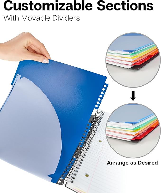 Dunwell 5-Subject Notebook, College Ruled, Colorful Movable Pocket Dividers with Tabs, Front/Back Plastic Covers, 200 Sheets (400 Pages) of 3-Hole Punch Perforated 8.5x11 Paper