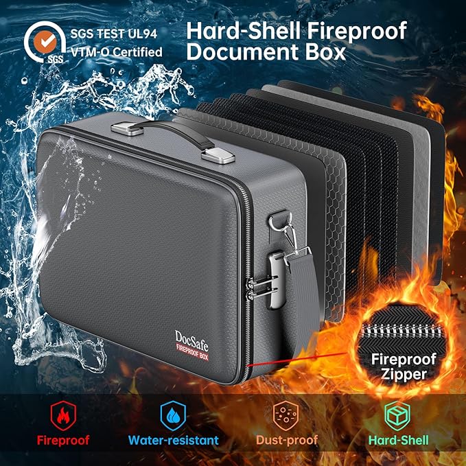 DocSafe Fireproof Document Box with Lock&Shoulder Strap,Hard Case File Organizer with Accordion File Folder,Multi-Layer Portable Home Office Travel Safe Storage for Important Documents Laptop Gray