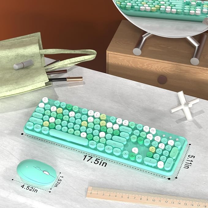 Colorful Wireless Computer Keyboard and Mouse Combo with Round Typewriter Keycaps, Retro Design, Power Switch, Ergonomic Design, 2.4GHz Wireless for Windows, Mac, PC(Green-Colorful)