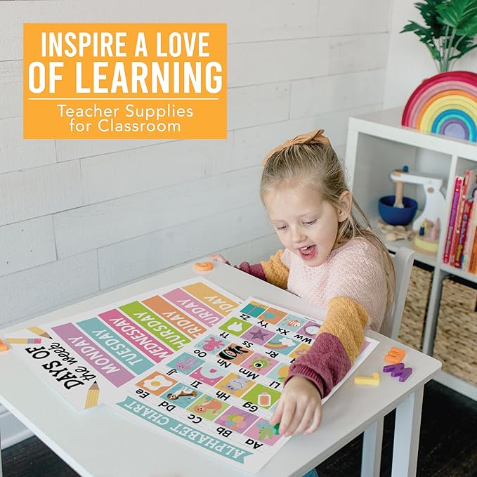 Hadley Designs 16 Educational Posters for Classroom & Kindergarten, Kindergarten Classroom Must Haves, Laminated PreK Learning Chart Materials US & World Map, ABC Alphabet, Shapes, Days of the Week