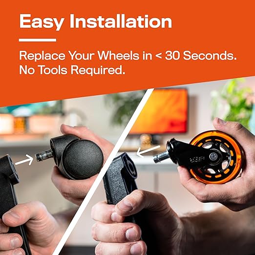 The Original Roller Blade Office Chair Wheels (As Seen On PBS) - Incredibly Smooth & Quiet Rolling Casters - Safe for Hardwood Floors & Carpet - Easy Install with Universal Fit - Set of 5 - Orange
