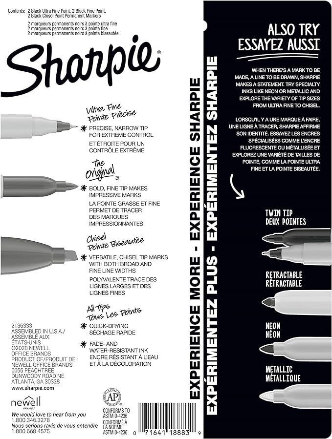 Sharpie Permanent Markers Variety Pack, Featuring Ultra-Fine, Chisel Tip, And Fine Tip Marker Set, Writing And Poster Markers, Black, 6 Count