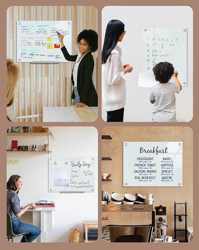 Magnetic Glass Whiteboard,24"x18" Wall Mounted Frameless Dry Erase Board for Office, Home & School White