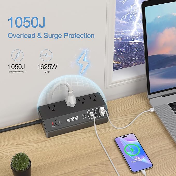 Desk Clamp Power Strip with PD 20W USB C, JXGUCAT Removable Fast Charging Desktop Edge Power Strip Surge Protector, 10 ft Extension Cord Flat Plug with 4 Outlet 4 USB Ports, Fit 1.8" Tabletop Edge