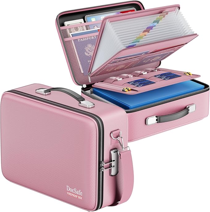 DocSafe Fireproof Document Box with Lock&Shoulder Strap,Hard Case File Organizer with Accordion File Folder,Multi-Layer Portable Home Office Travel Safe Storage for Important Documents Laptop Pink