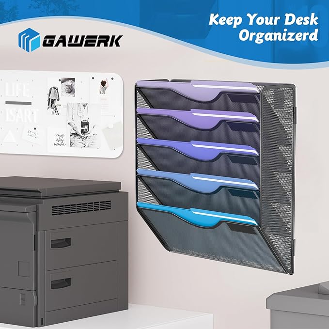 5 Tier Hanging Wall File Organizer, Mesh Mail Paper Orgnization Hanging File Folder Holder for Home Office, Black