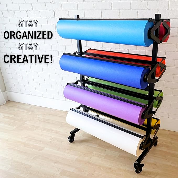 Paper Roll Holder, Dispenser Rack and Cutter - 8 Racks for Large, 36" Butcher, Craft, Gift Wrap & Art Kraft Rolls – Durable, Mobile Rolling Organizer with Ceramic Blade for Classroom, Studio & Retail