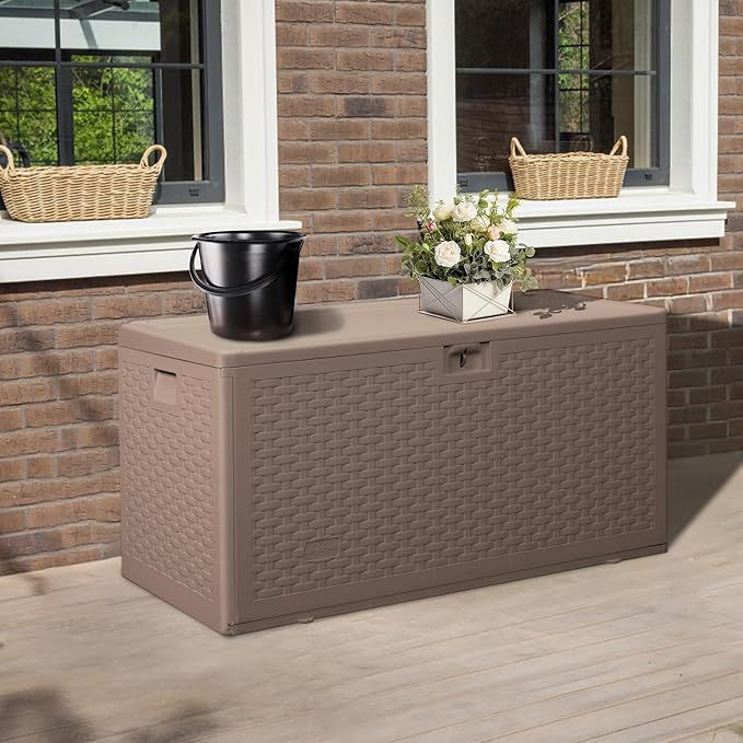 Premium Pro Edition 73 Gallon Lockable Resin Deck Box, Waterproof & UV-Resistant Outdoor Storage Box for Outdoor Cushion Storage, Garden Tools & Pool Accessories Storage, Brown