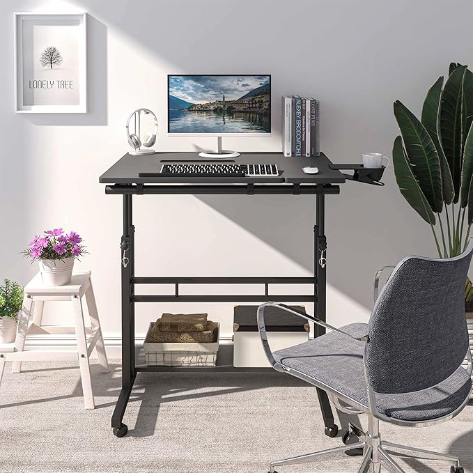 Panta Mobile Standing Desk, Adjustable Rolling Computer Desk with 3 Desktops, Portable Laptop Table with Desk Cup Holder, Home Office Laptop Workstation on Lockable Wheels, Black