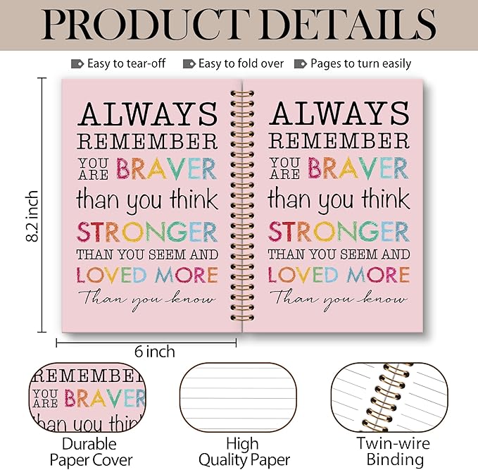Inspirational Motivational Notebook Journal, Inspirational Gifts Spiral Notebook, You are Brave Motivational Notebooks Gifts for Women, Positive Gifts School Office Supplies, 6x8.2In(Pink)