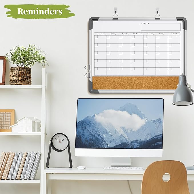 Dry Erase Calendar White Board for Wall, Polegas 17" X 13" Magnetic Whiteboard Dry Erase Cork Board Combination, Small Wall Monthly Double Sided Boards Student, Home, Office (White)