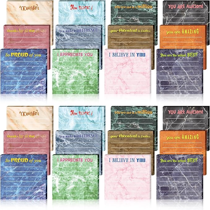 Yinder 24 Pcs Inspirational Sticky Notes with Lines Cute Motivational Sticky Notes Pad Employee Appreciation Gifts Bulk for Teacher Nurse Coworkers Office Supplies 3 x 3''(Marble Color,Appreciation)