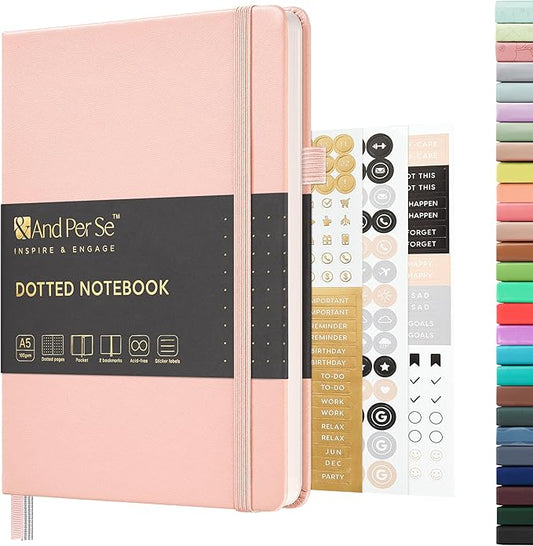&And Per Se Dotted Journal Notebook, A5 Hardcover Leather Bullet Dotted Journal, 160 Pages 100 gsm Thick Dotted Paper,3 Sheets of Stickers Included - 5.7'' x 8''(Pink)