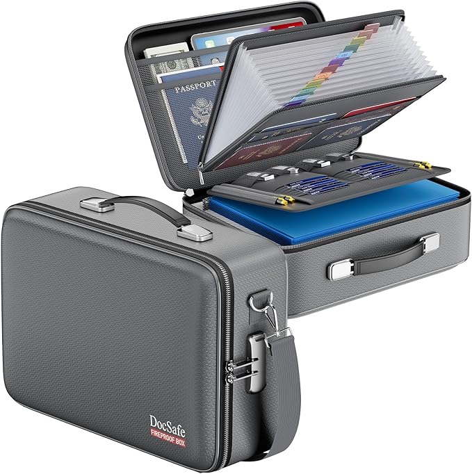 DocSafe Fireproof Document Box with Lock&Shoulder Strap,Hard Case File Organizer with Accordion File Folder,Multi-Layer Portable Home Office Travel Safe Storage for Important Documents Laptop Gray