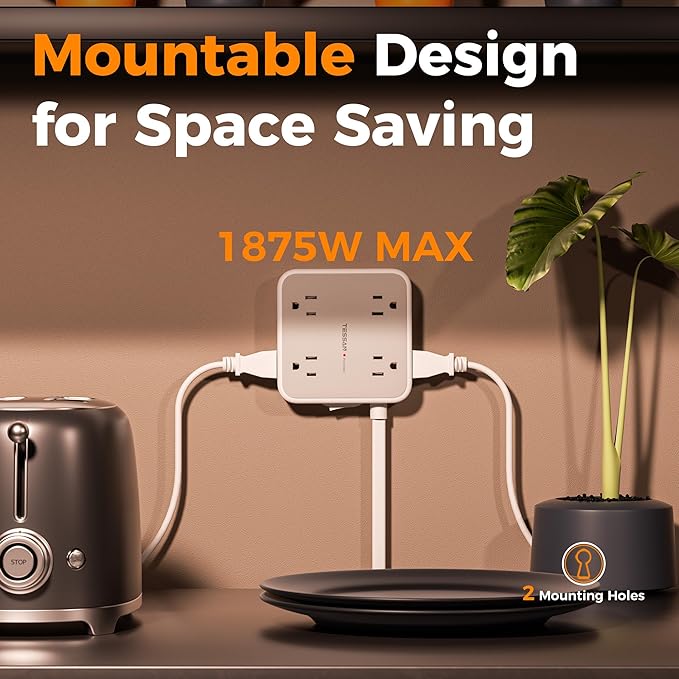 Surge Protector Power Strip, TESSAN 5 FT Extension Cord with Multiple Outlets Flat Plug, 4 USB (3 USB C) and 8 AC Outlets, 900J Protection, Wall Mount Charging Station for Home Office Supplies