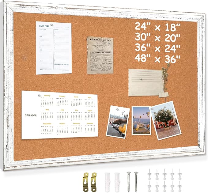 DOLLAR BOSS White Cork Board - 36 X 24 Inches, Rustic Wooden Frame, Decorative Vintage Hanging Pin Board for Office & Home Decor