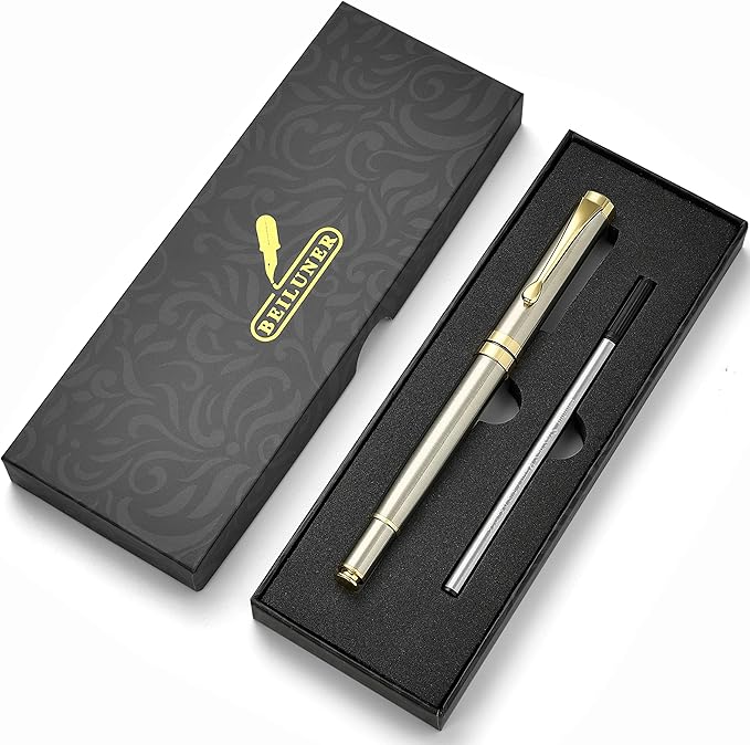 BEILUNER Ballpoint Pens, Stunning Silver Chrome Metal Pen with Golden Trim, Best Ball Pen Gift Set for Men & Women, Professional, Executive, Office, Nice Pens-Gift Box with 0.5mm Extra Black Refill
