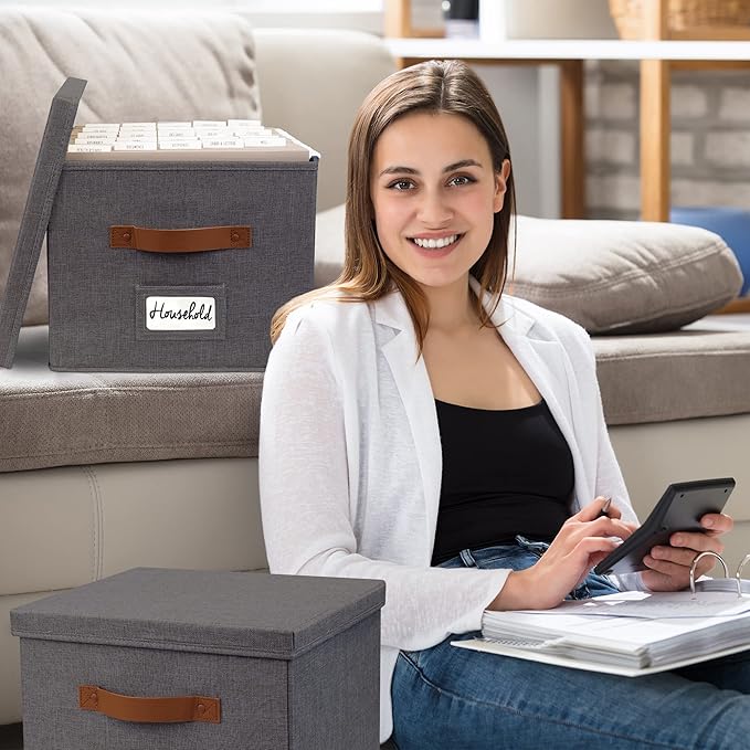 ZICOTO Decorative File Organizer Box Set of 2 - Collapsible Linen Filing Cabinets w/Handles Are Perfect to Store all Your Documents & Hanging File Folders - Portable Easy Slide Crates with Lid