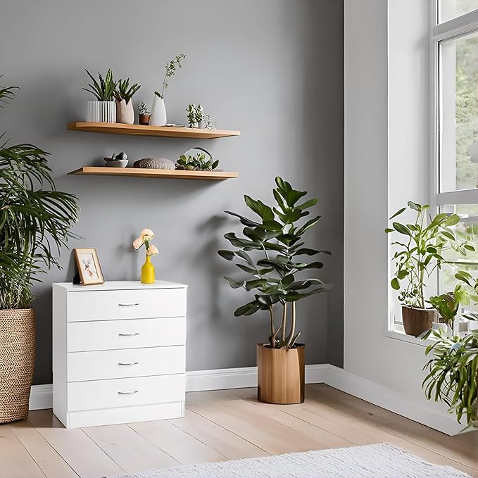 Karl home 4 Drawer Dresser for Bedroom, Small Chests of Drawers Modern Nightstand, White Dresser Chest with 4 Storage Drawers, Dressers for Nursery, Hallway, Living Room, Closet