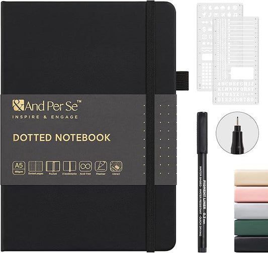 &And Per Se Bullet Dotted Journal Notebook, A5 Leather Hardcover, 176 Numbered Pages 100GSM Thick Dotted Paper, 2 Sheets of Stencils Included - 5.7'' x 8'' (Black)