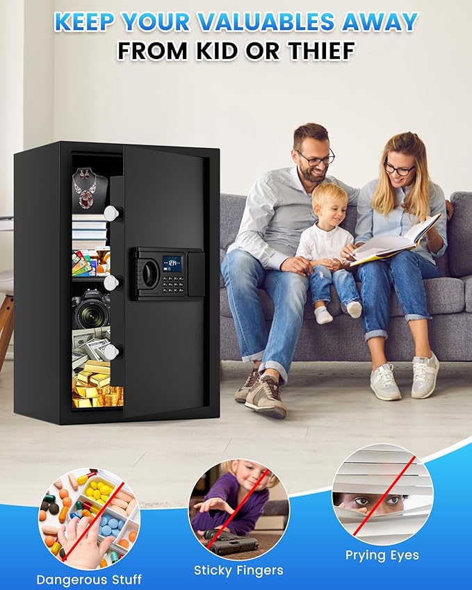 2.8 Cuft Home Safe Box with Fireproof Waterproof Bag, Large Security Digital Document Safes with LCD Keypad Keys, Anti-Theft Alert, Hidden Code Mode, Personal Combination Money Safe For Jewelry Office