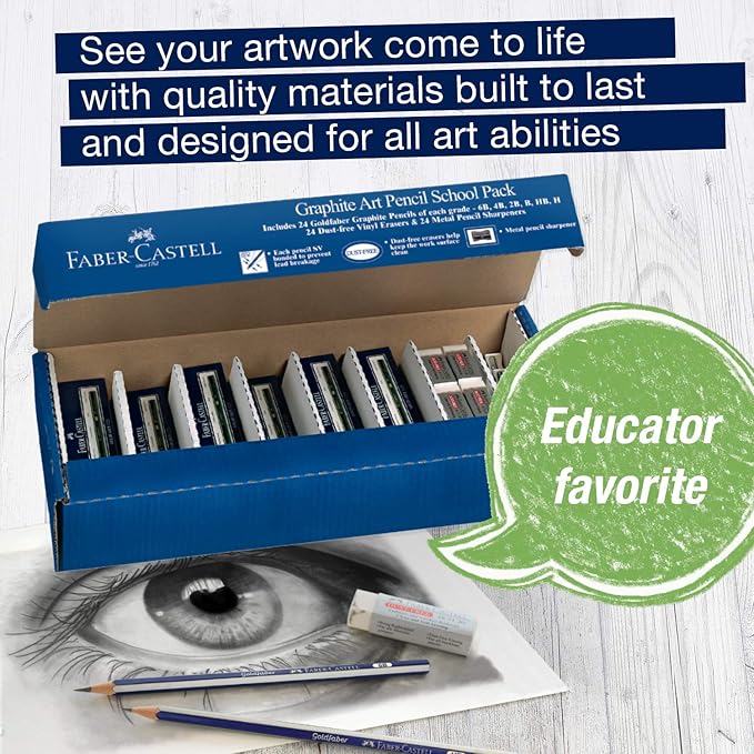 Faber-Castell Creative Studio Graphite Art Pencil School Pack - 144 Graphite Pencils - 24 Pencil Sharpeners - 24 Pencil Eraser