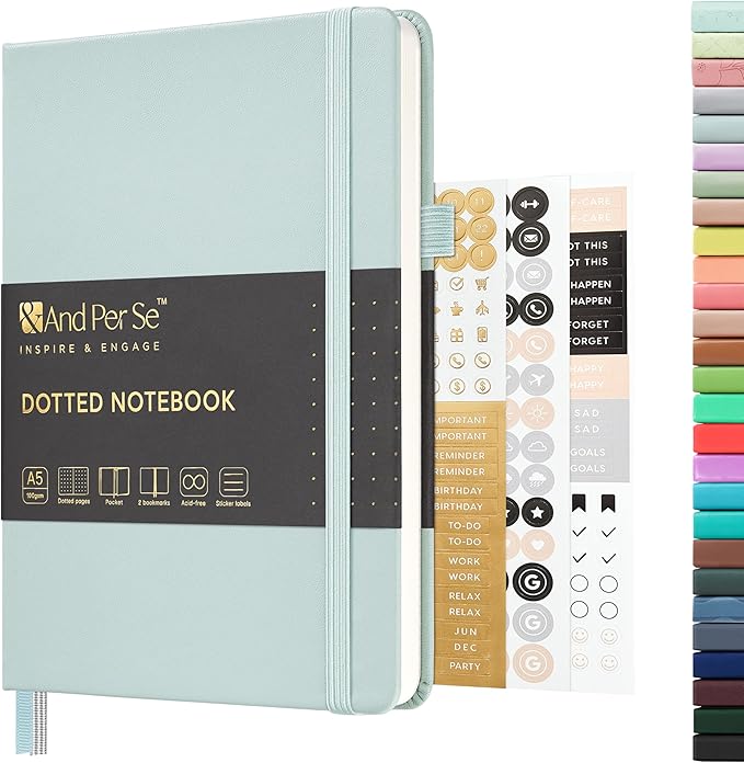 &And Per Se Dotted Journal Notebook, A5 Hardcover Leather Bullet Dotted Journal, 160 Pages 100 gsm Thick Dotted Paper,3 Sheets of Stickers Included - 5.7'' x 8''(Cyan)