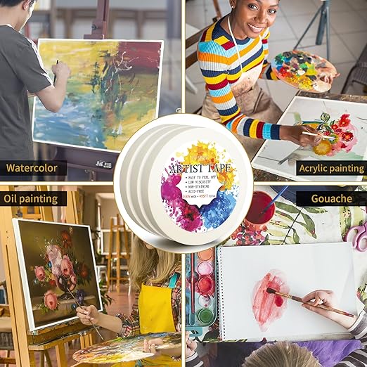 3 Packs White Artist Tape for Watercolor Paper Drafting Art Low Tack Masking Tape Acid Free Painter Watercolor Tape for Painting Canvas Framing, 0.8inch Wide 495FT Long Total