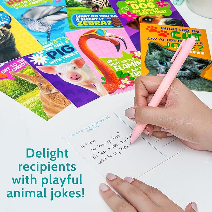 T MARIE 40 Funny Animal Joke Postcards with No Repeats - 4x6” Humorous Bulk Thinking of You Postcards for Kids, Grandkids, Students, and Teachers, Summer Camp, Lunchboxes and More