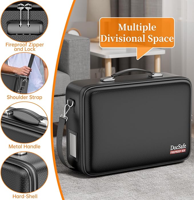 DocSafe Fireproof Document Box with Lock&Shoulder Strap, Hard-Shell Case File Organizer with Accordion File Folder, Multi-Layer Portable Home Office Travel Safe Storage for Important Documents Laptop
