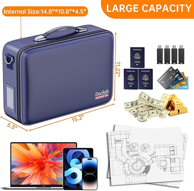 DocSafe Fireproof Document Box with Lock&Shoulder Strap,Hard Case File Organizer with Accordion File Folder,Multi-Layer Portable Home Office Travel Safe Storage for Important Documents Laptop Blue