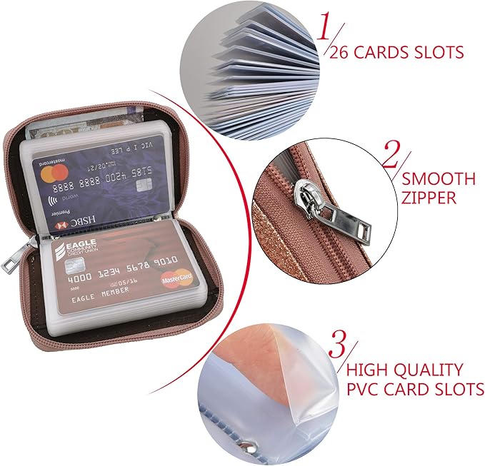 Easyoulife Genuine Leather Credit Card Holder Zipper Wallet With 26 Card Slots