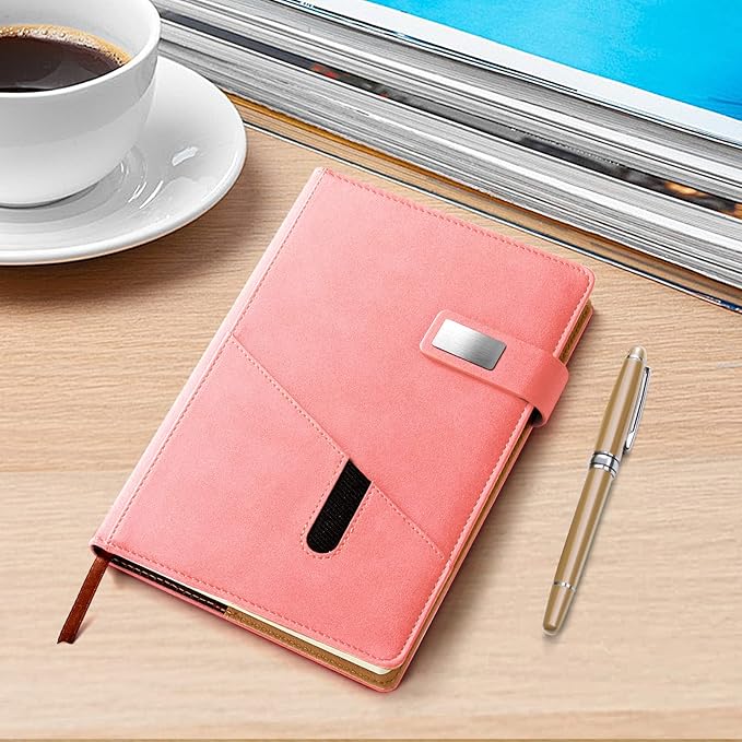 A5 Lined Leather Journal with Pen, 240 Pages Refillable Hardcover Notebook with Pocket and Magnetic Buckle, 80gsm Thick Daily Diary for Men and Women, Great Gift for Business Travel Personal - Pink