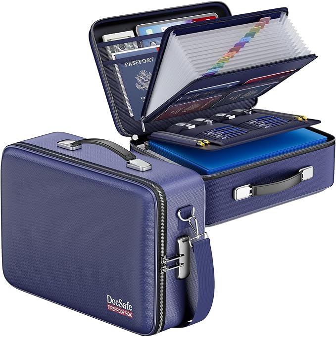 DocSafe Fireproof Document Box with Lock&Shoulder Strap,Hard Case File Organizer with Accordion File Folder,Multi-Layer Portable Home Office Travel Safe Storage for Important Documents Laptop Blue