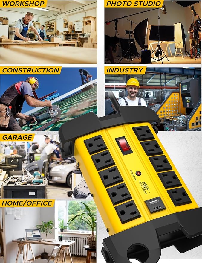 CRST Heavy Duty Power Strip with USB-C,10-Outlet Metal Surge Protector Power Strip with 6FT Cord(2800J),15A Circuit Breaker, Wall Mount, Cord Management, ETL Listed