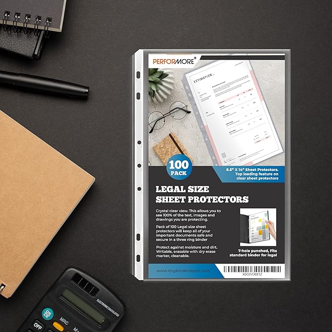 Performore 100 Pack of 8.5x14 Legal Size Heavyweight Clear Sheet Protectors, Plastic Legal Paper Sleeves, Clear Archival Quality, Long Sheet Protectors for Binders Documents