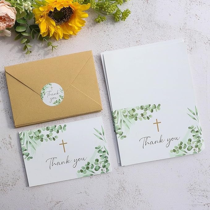 25 Pack Thank You Cards with Envelope & Stickers, 4 * 6in Watercolor Greenery Cross Blank Inside Thank You Card for Bulk Baptism, Wedding, Bridal Shower, Baby Shower, Communion, Funeral