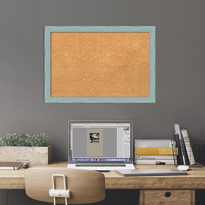 Amanti Art Natural Cork Board for Wall, 18x26 Vision Board with Blue Wood Frame, Medium Corkboard Office Decor for Home Organization, Rustic Farmhouse Corkboard Pinboard to display items for home