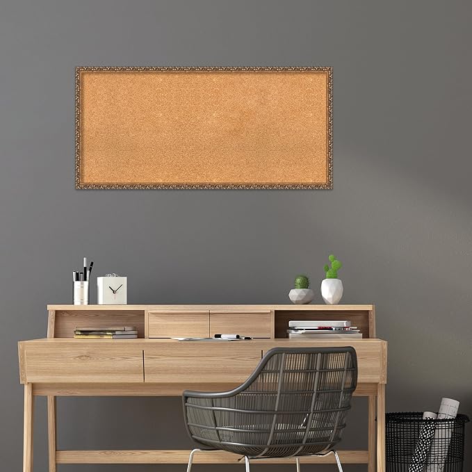 Amanti Art Natural Cork Board for Wall, 22x46 Vision Board with Bronze Frame, Oversize Corkboard Office Decor for Home Organization, Traditional Corkboard Pinboard to Display Items for Home
