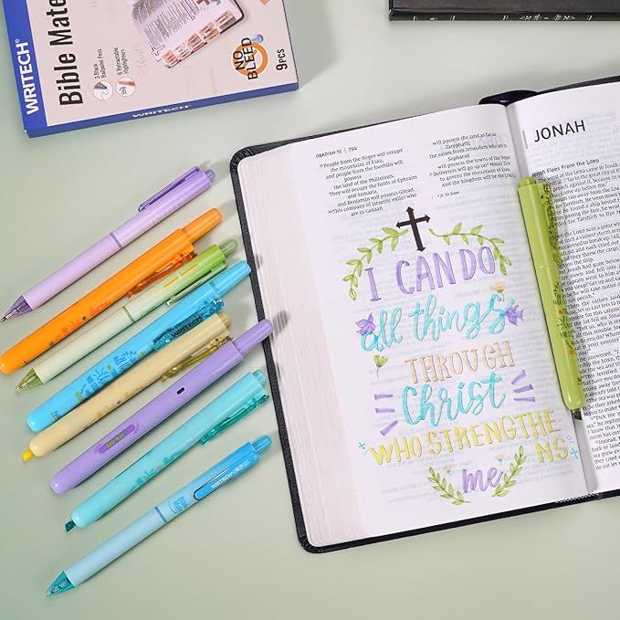 WRITECH Bible Mate Journaling Set: No Bleed Bible Highlighters & 0.7mm Black Ink Ballpoint Pens, Fast-Drying Ink, Pastel Colors Highlighter, Journaling Kit, 9ct
