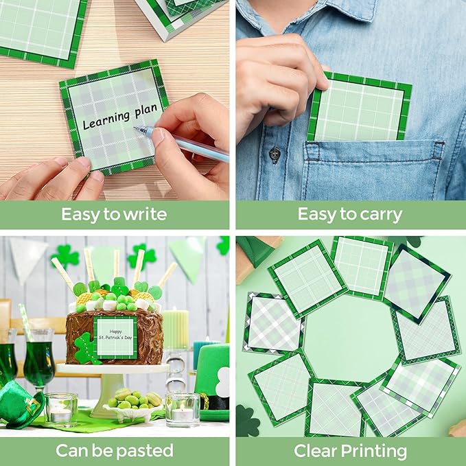 9 Pieces St. Patrick's Day Plaid Sticky Notes Green St. Patrick's Day Plaid Note Pads Self-Adhesive Irish Memo Notes for School Office Home Supplies Students Teachers Present St. Patrick's Day