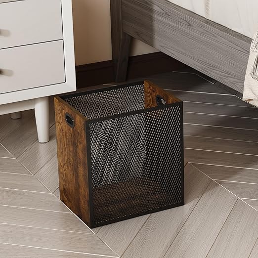 Retro Office Trash Can, Iron and Wood Combination Bedroom Garbage Can, Rectangular Design Wastebasket with Handle, Industrial Style Trash Can for Home Office, 11.02" X 7.87" X 11.81" 4.5 Gallon (2)