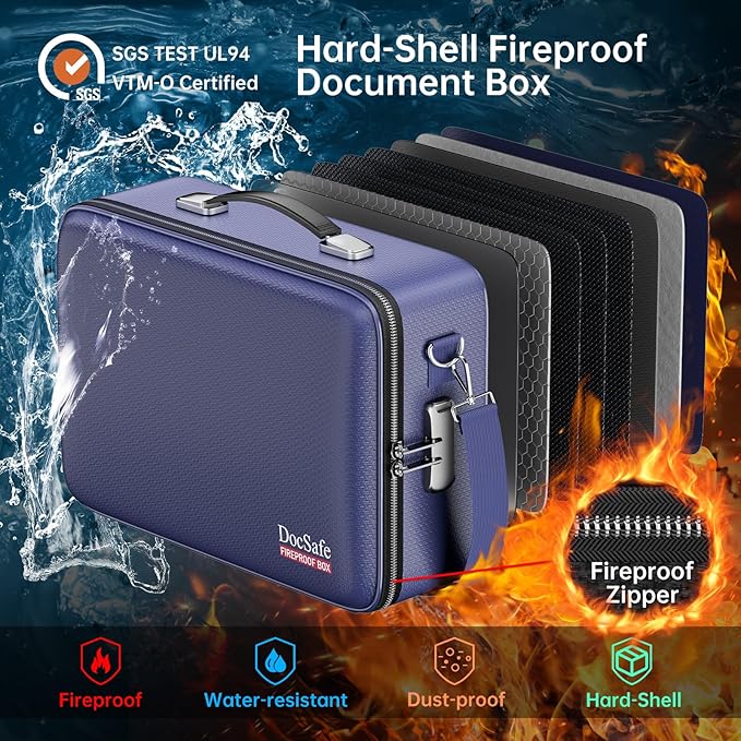 DocSafe Fireproof Document Box with Lock&Shoulder Strap,Hard Case File Organizer with Accordion File Folder,Multi-Layer Portable Home Office Travel Safe Storage for Important Documents Laptop Blue