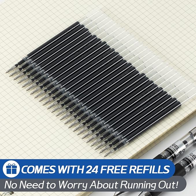 deli Gel Pens, 36 Pcs Retractable Black Ink, 12 Pens with 24 Refills,Medium Point Pen 0.7mm, Smooth Writing, Fast Dry, No Bleed for Journaling Note Taking, Home School Office Supplies