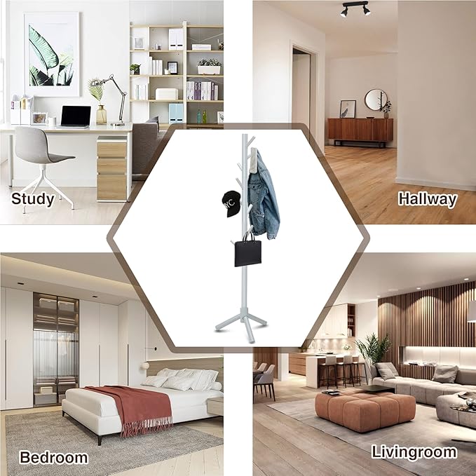 Haddockway Wooden Coat Rack Stand with 8 Hooks New Zealand Pine 3 Adjustable Coat Standing Tree Easy Assembly for Coats, Hats, Scarves and Handbags for Entryway, Hallway, Bedroom, Office