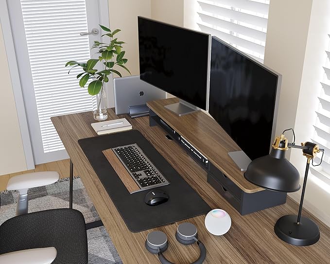Fenge Monitor Stand, Dual Monitor Riser, 42.5inch Large Desk Computer Monitor Stand Riser with Drawer, 2 Tier Wood & Acrylic Desktop Organizer for Computer, Laptop, Printer, TV Screen Riser