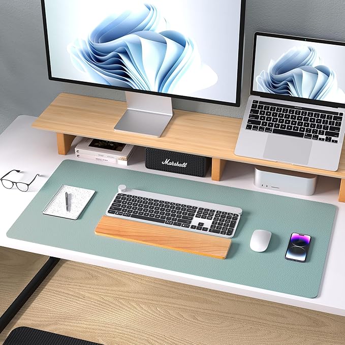 Aothia Leather Desk Pad Protector, Mouse Pad, Office Desk Mat, Non-Slip PU Leather Desk Blotter, Laptop Desk Pad, Waterproof Desk Writing Pad for Office and Home (23.6" x 13.7", Light Blue)