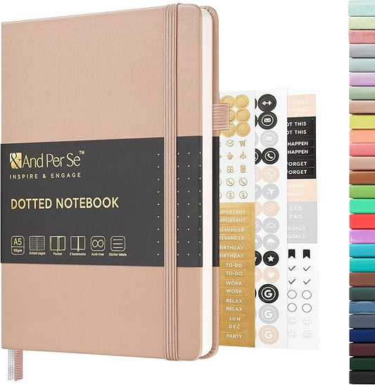 &And Per Se Dotted Journal Notebook, A5 Hardcover Leather Bullet Dotted Journal, 160 Pages 100 gsm Thick Dotted Paper,3 Sheets of Stickers Included - 5.7'' x 8''(Apricot)